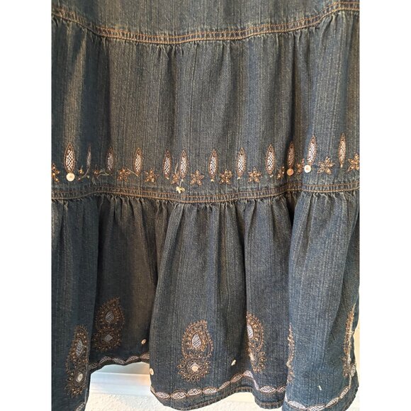 FRN By Fransa Bohemian Denim Skirt With Embroidered Details Tiered Design M.L - Picture 12 of 13